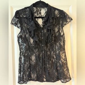 INC International Concepts Black Lace Ruffle Blouse